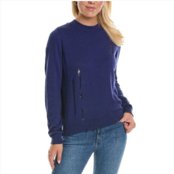 Hudson Sweater Women's Large Blue Distressed Twist Back Cotton-Cashmere Blend LS - Picture 1 of 15